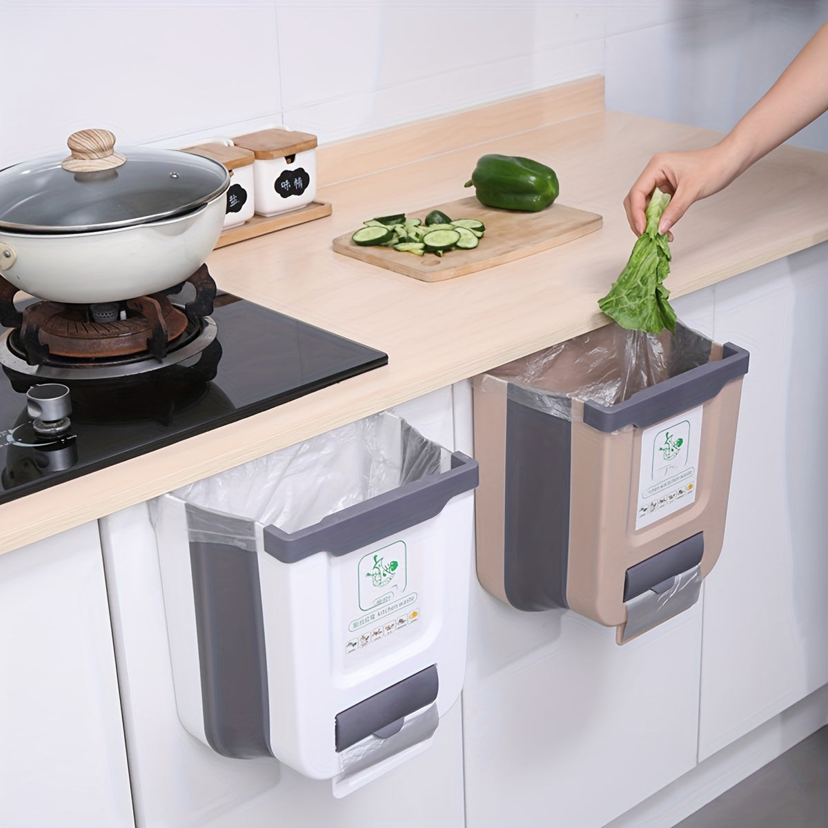 Large Foldable Hanging Trash Can for Kitchen Cabinet Doors
