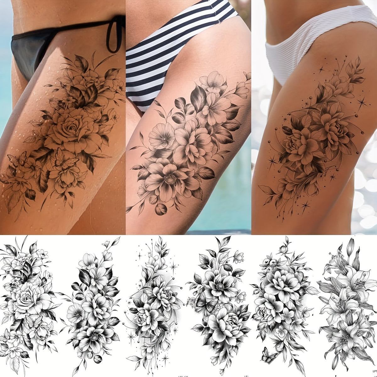 Realistic Floral Temporary Tattoos, Waterproof - 12-Pack