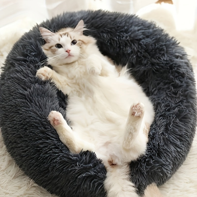 Donut-Shaped Plush Cat Bed, Soft Polyester Fleece, Non-Skid Bottom