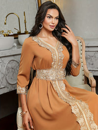Ramadan Lace Trim V Neck Kaftan, Elegant Long Sleeve Maxi Dress, Women's Clothing