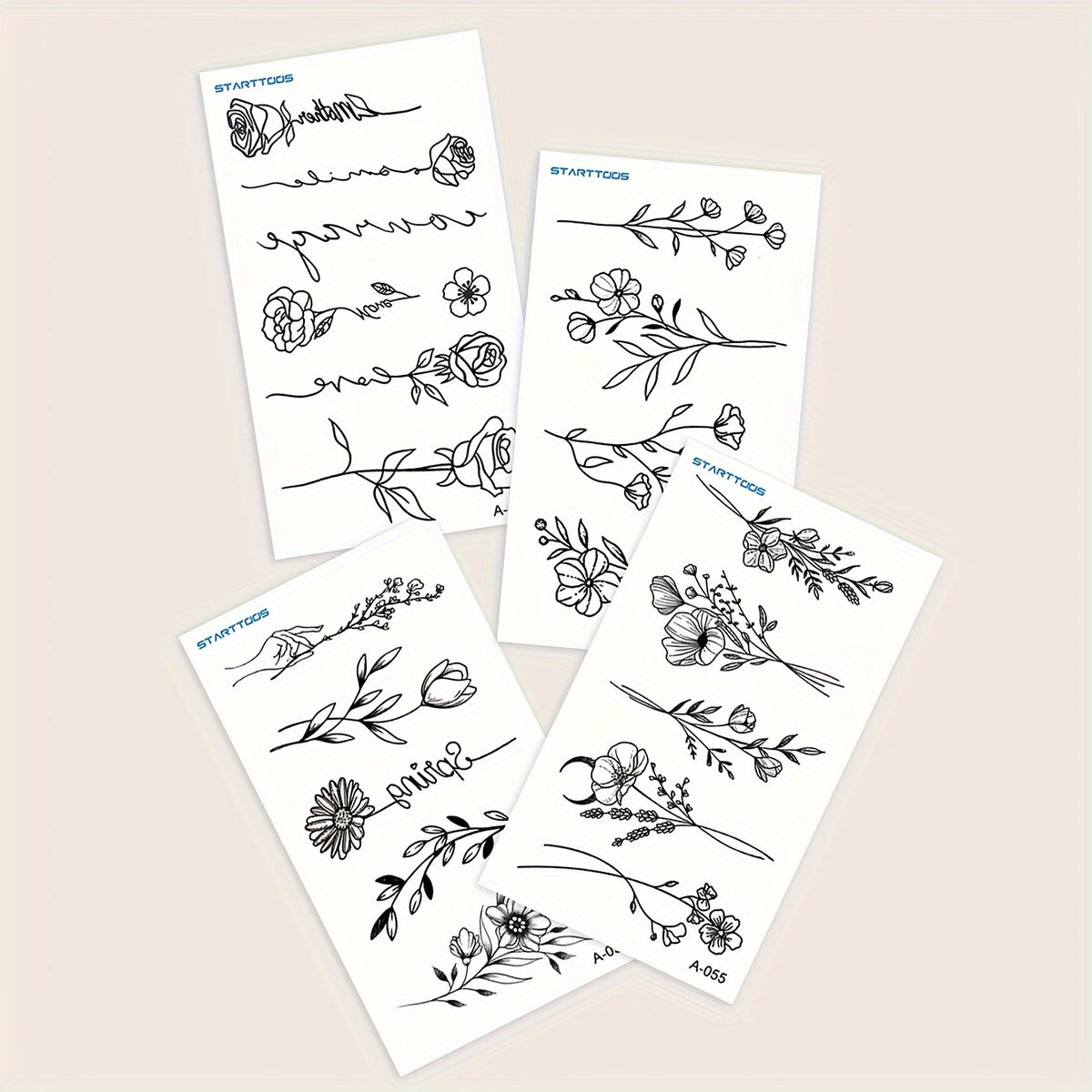 Black Simple Line Floral Patterns Finger Wrist Ear Can Last For 3-5 Days - 4 Sheets