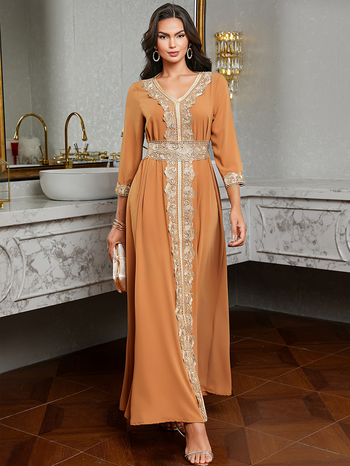 Ramadan Lace Trim V Neck Kaftan, Elegant Long Sleeve Maxi Dress, Women's Clothing