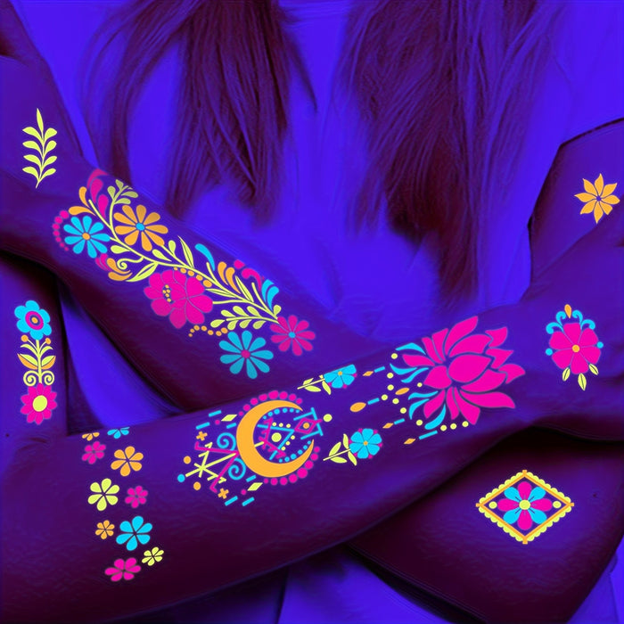Glow in the Dark Temporary Tattoos - Flashing Neon Flower Totem Design