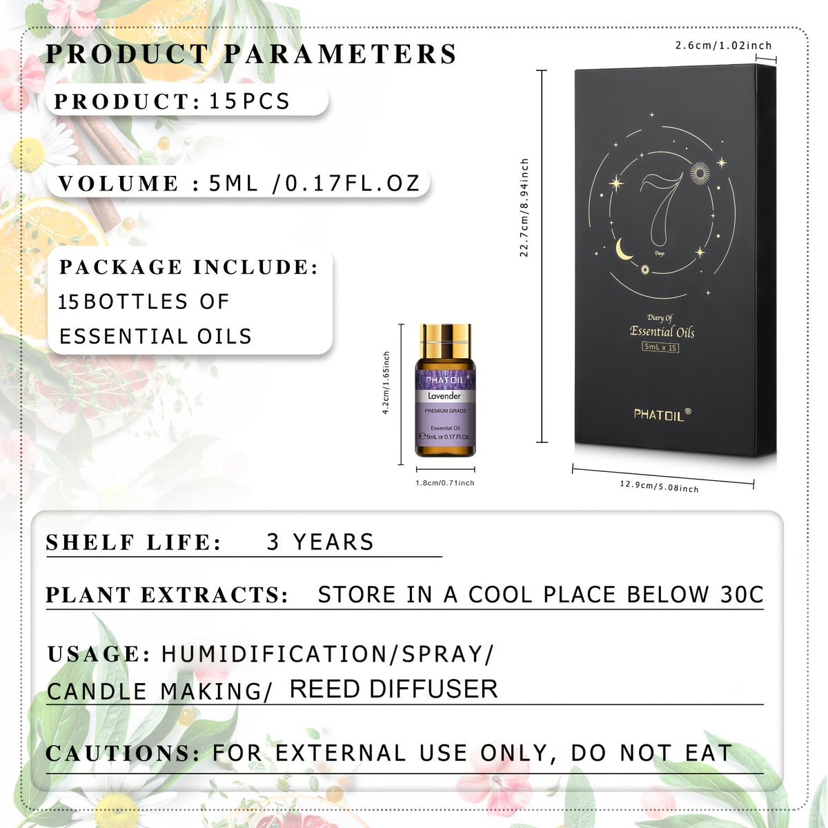 PHATOIL 15pcs Essential Oil Set, Mood Lifting Aromatic Oils, Multipurpose Liquid Format, Under 1L Capacity, No Effect - Single Blend Varieties