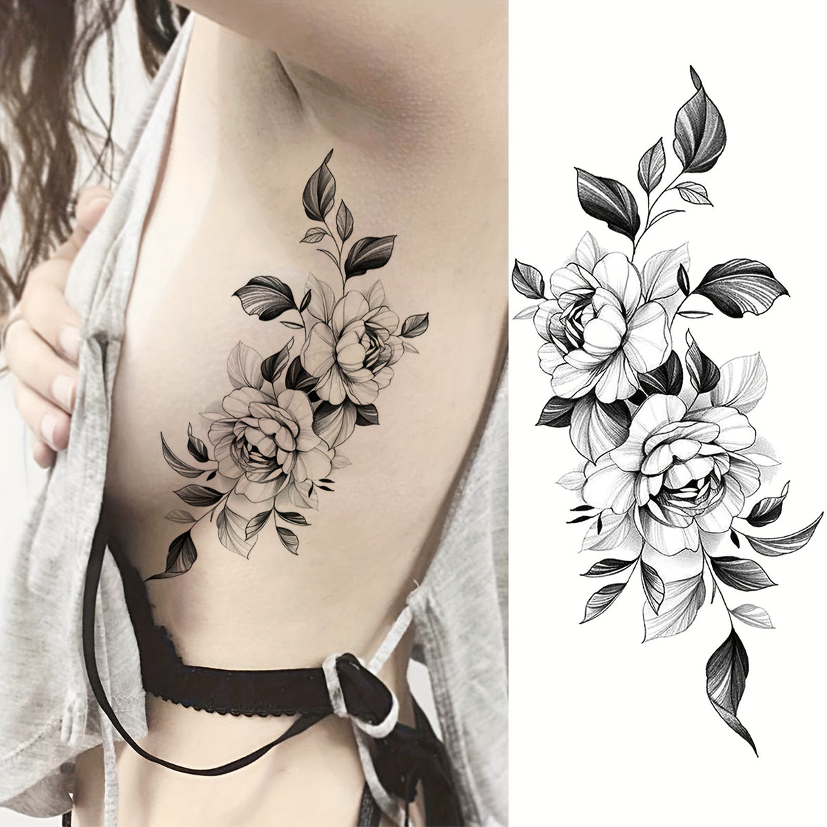 Black Sketch Peony Flower Temporary Tattoo - 1 Sheet
