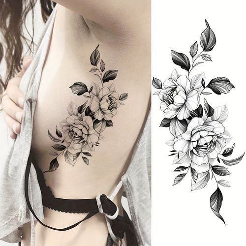 Black Sketch Peony Flower Temporary Tattoo - 1 Sheet
