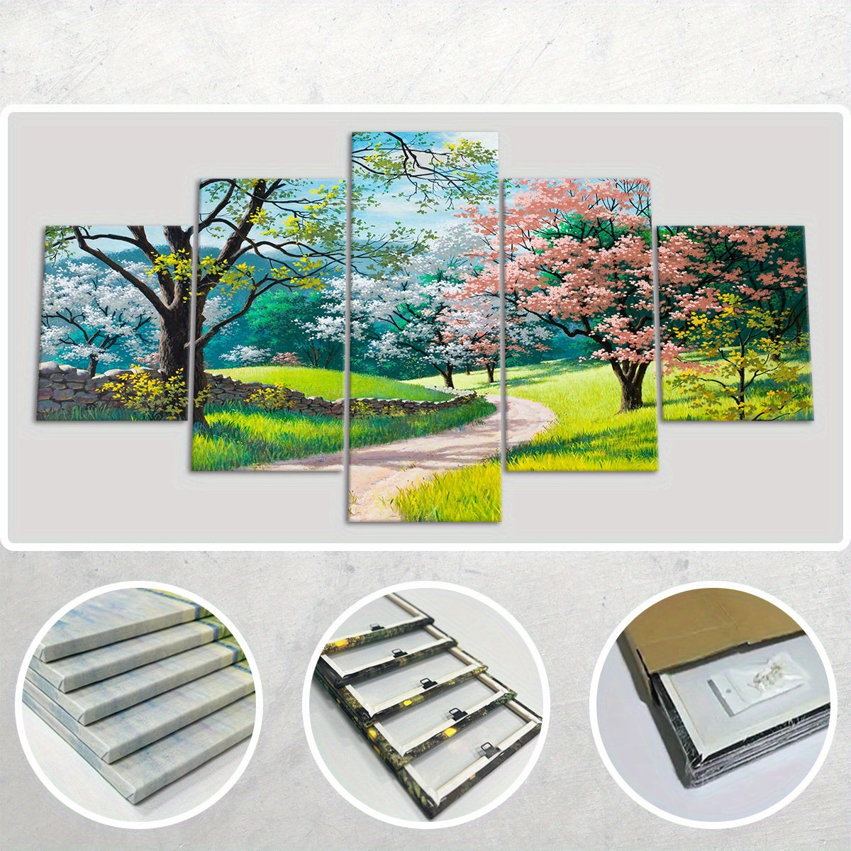Frame Spring Tree Scenery Canvas Poster, Five Panel Scene Art