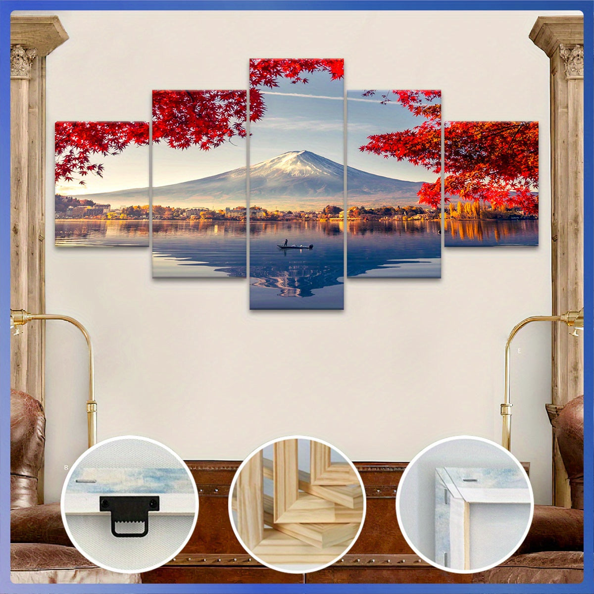Wooden Framed Canvas, Beautiful Mount Fuji Theme Poster - 5pcs