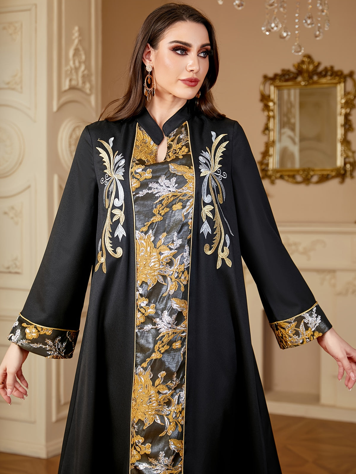 Elegant Black Maxi Dress with Sequin Embroidery & Color Block Design - Long Sleeve, Stand Collar, Polyester - Machine Washable