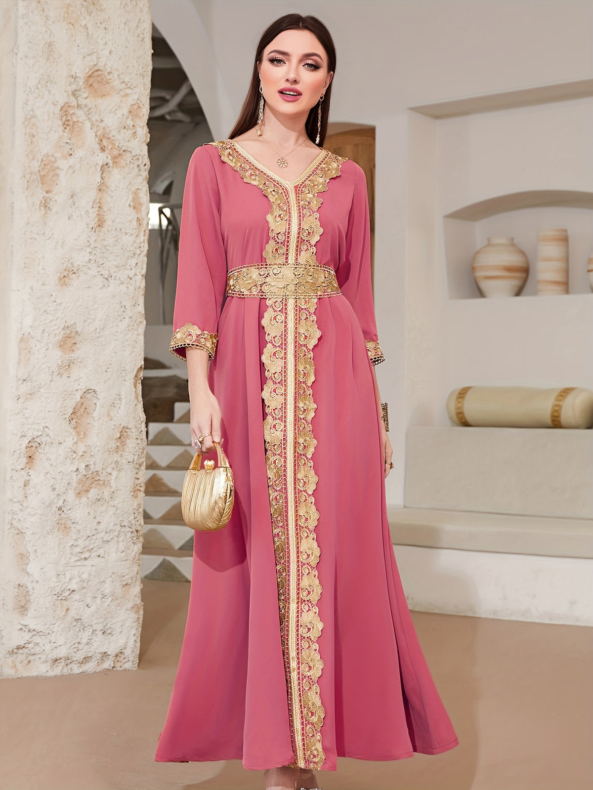 Ramadan Lace Trim V Neck Kaftan, Elegant Long Sleeve Maxi Dress, Women's Clothing