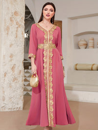 Ramadan Lace Trim V Neck Kaftan, Elegant Long Sleeve Maxi Dress, Women's Clothing