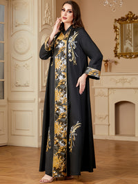 Elegant Black Maxi Dress with Sequin Embroidery & Color Block Design - Long Sleeve, Stand Collar, Polyester - Machine Washable