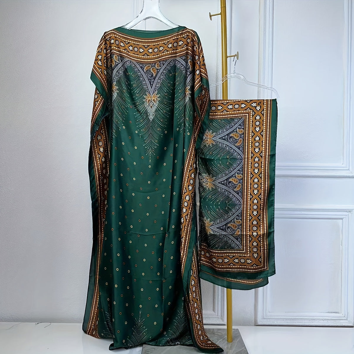 Print Boat Neck Abaya, Elegant Short Batwing Sleeve Loose Dress With Scarf For Spring & Summer, Women'S Clothing