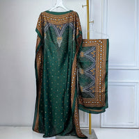 Print Boat Neck Abaya, Elegant Short Batwing Sleeve Loose Dress With Scarf For Spring & Summer, Women'S Clothing