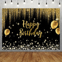 Luxurious Black & Golden Happy Birthday Backdrop with Diamond Balloons and Glitter - Polyester Photography Background for Indoor/Outdoor Parties, 152.4x91.44cm/213.36x152.4cm/243.84x182.88cm