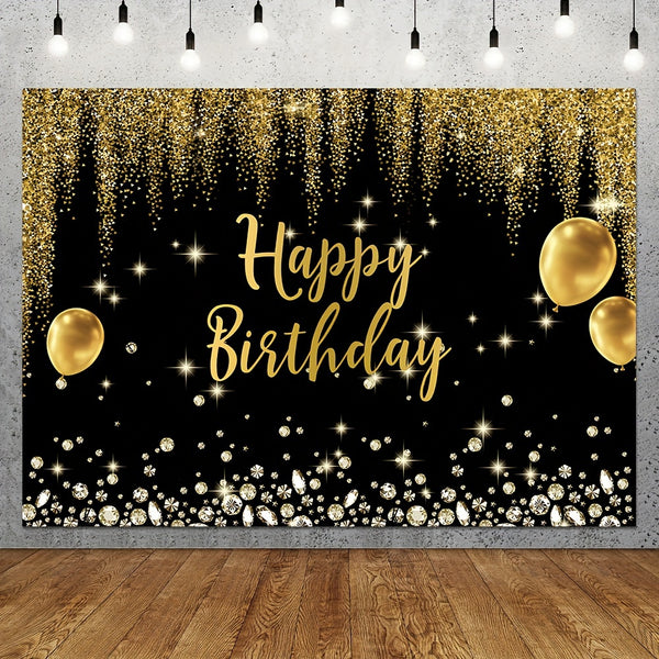 Luxurious Black & Golden Happy Birthday Backdrop with Diamond Balloons and Glitter - Polyester Photography Background for Indoor/Outdoor Parties, 152.4x91.44cm/213.36x152.4cm/243.84x182.88cm