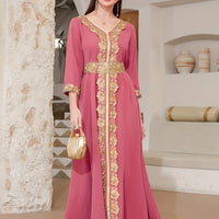 Ramadan Lace Trim V Neck Kaftan, Elegant Long Sleeve Maxi Dress, Women's Clothing