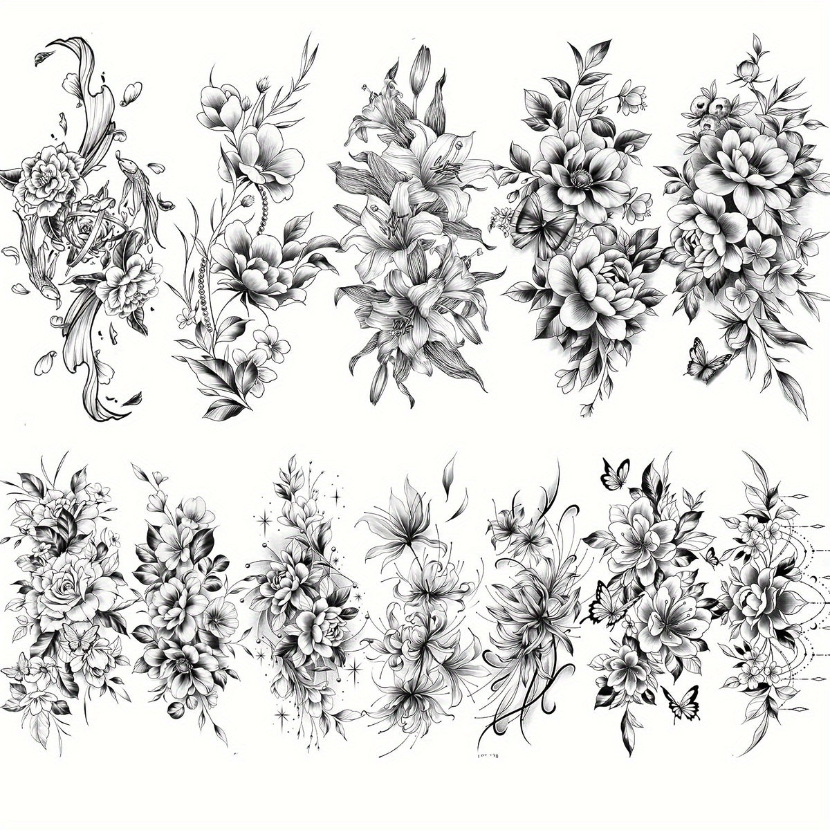 12-Pack Realistic Floral Temporary Tattoos for Women, Waterproof Fake Tattoo Stickers, Long-Lasting Body Art Decals for Neck, Arm, Leg, Adult Women'S Full Arm Flower Design