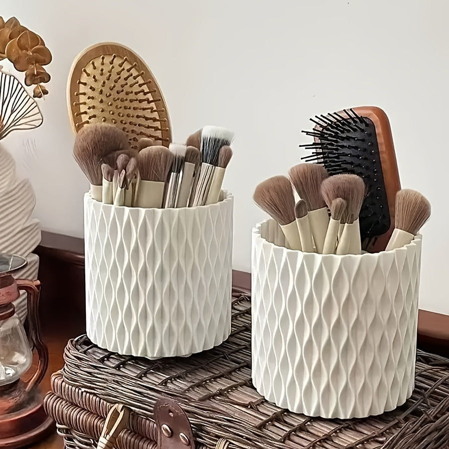 360° Rotating Makeup Brush Holder - Textured White Organizer