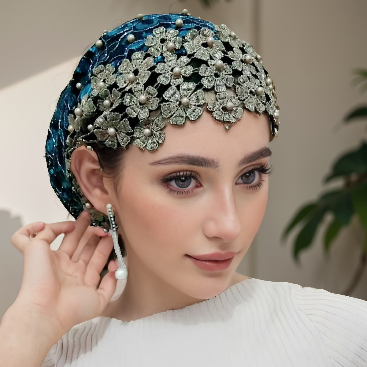 Elegant Jacquard Polyester Headscarf with Pearl Embellishments