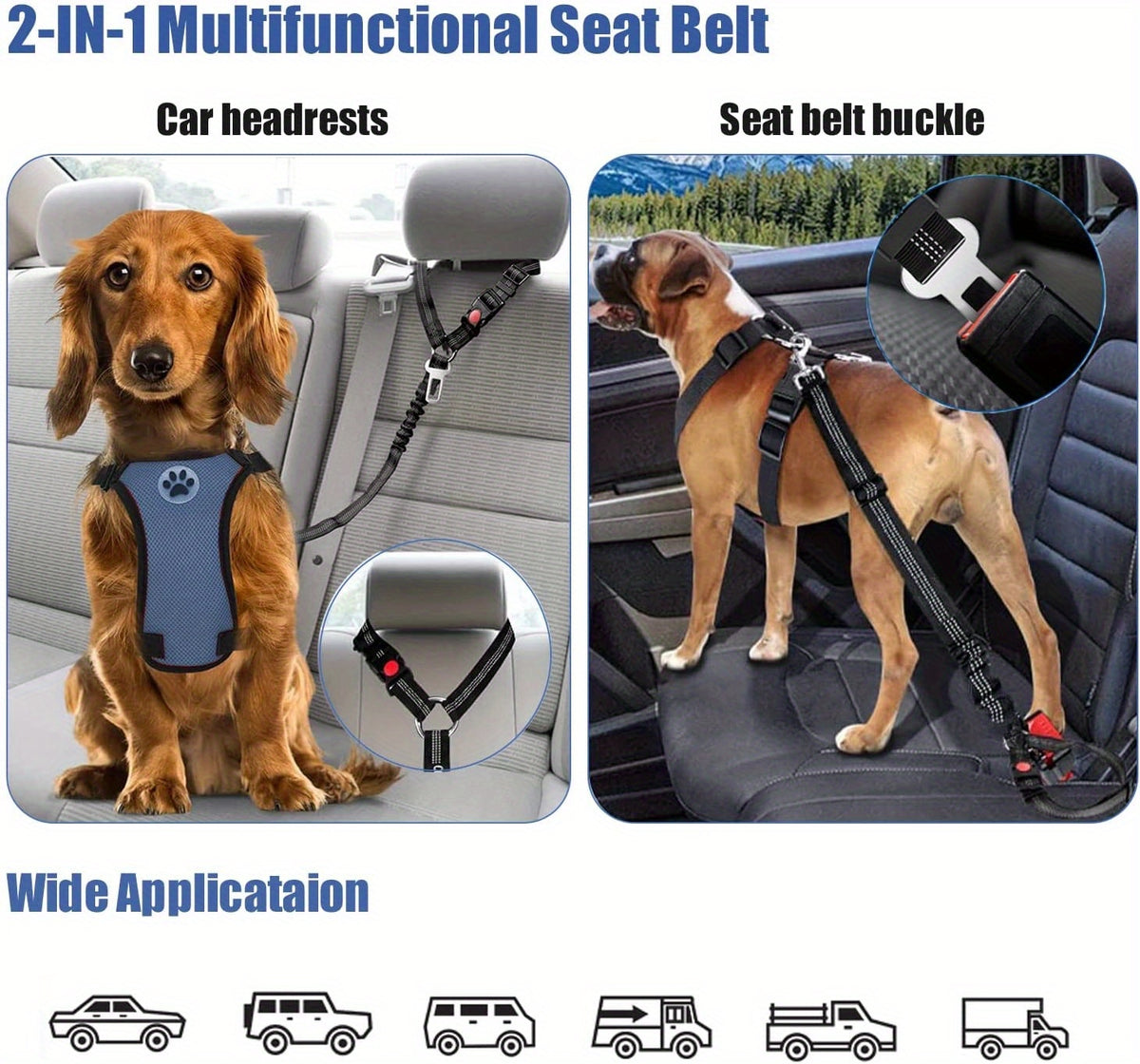 Adjustable 2-in-1 Pet Car Seat Belt & Harness - Durable Polyester, Hand-Washable