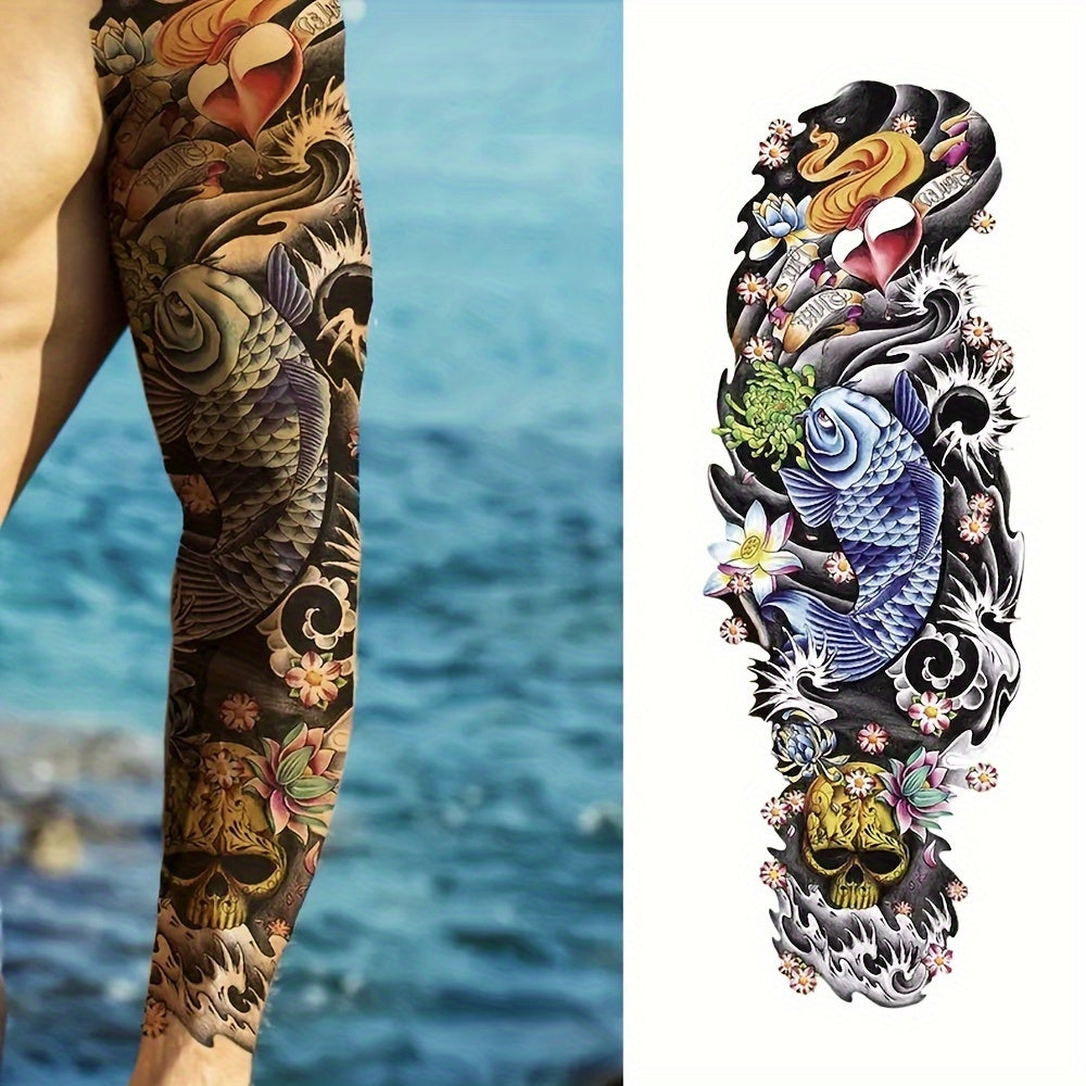 Full Arm Temporary Tattoos, Colorful Skull Tiger Fish Tribal Totem And Dragon - 12pcs