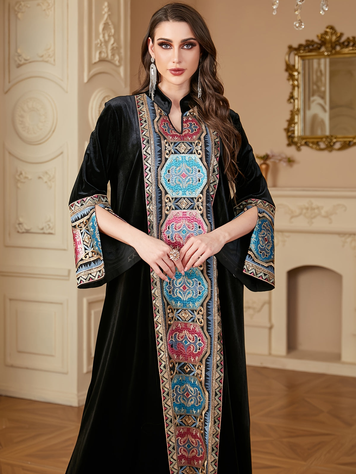 Women's Autumn and Winter Fashion V-Neck Elegant Retro Patchwork Solid Color Loose Arabic Long Dress