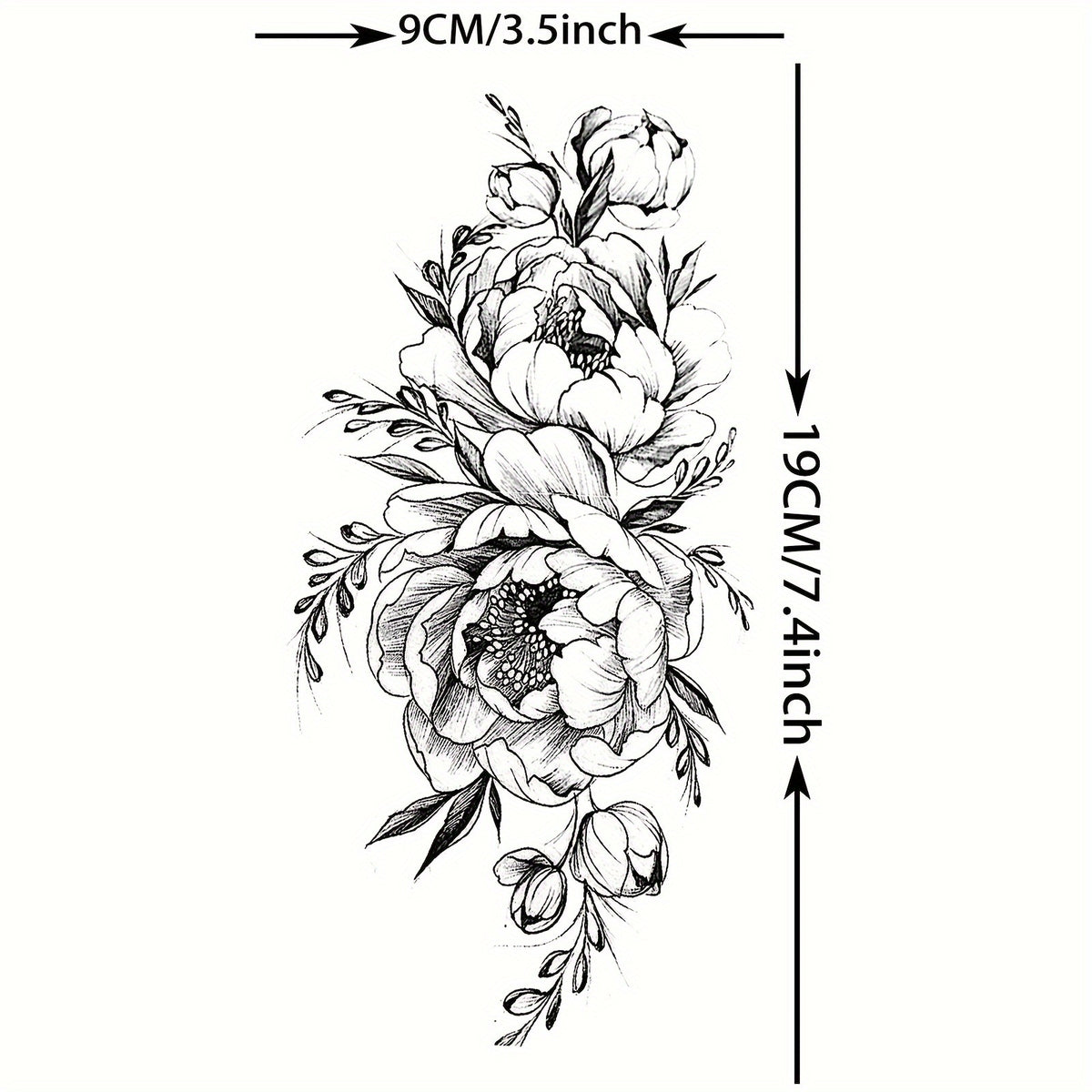 Realistic Black Peony Flower Temporary Tattoo Sticker