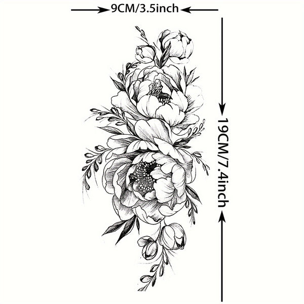 Realistic Black Peony Flower Temporary Tattoo Sticker