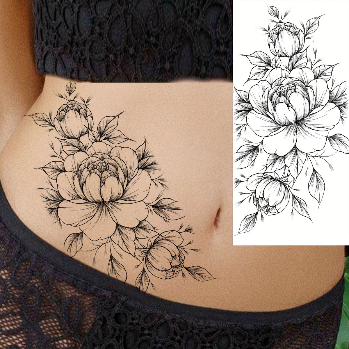 Large Peony Flower Temporary Tattoo Sticker