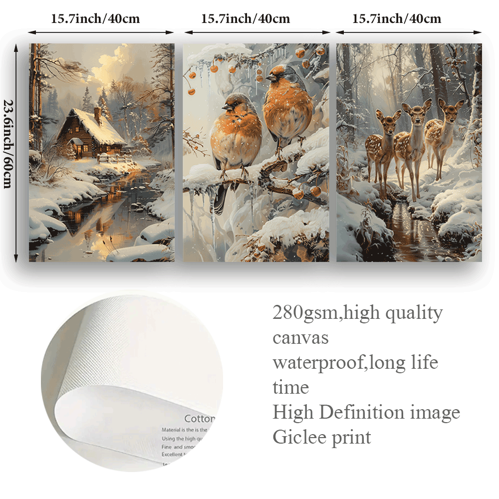 Winter Cabin & Wildlife Canvas Art Set, 39.88x59.94cm - 3pcs