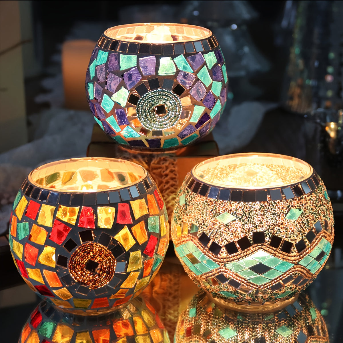 Set of 3 Glamorous Handcrafted Turkish Moroccan Mosaic Glass Candle Holders - Lacquered Finish Tabletop Candle Bowls for Romantic Dinners, Home Decor, and Multicultural Festivities Including Christmas, Hanukkah, Ramadan, and