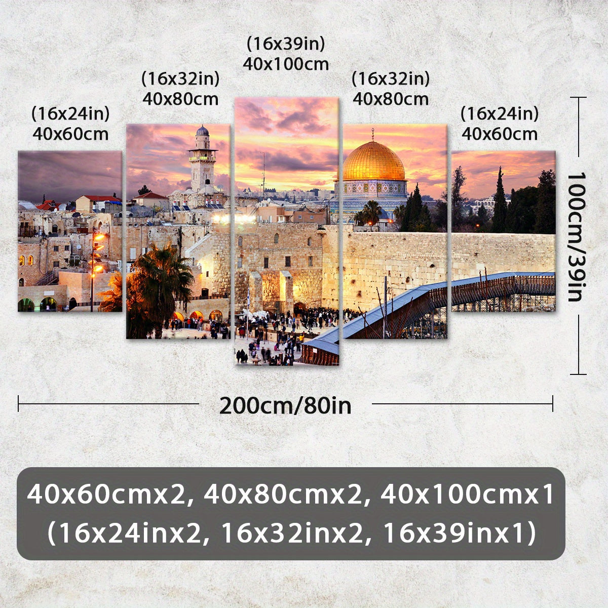 Wooden Framed Canvas, The Urban Landscape Of Jerusalem Theme Poster - 5pcs