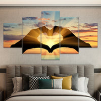 Contemporary Canvas Wall Art Set, Sunset Love Heart Hand Silhouette - 5pcs