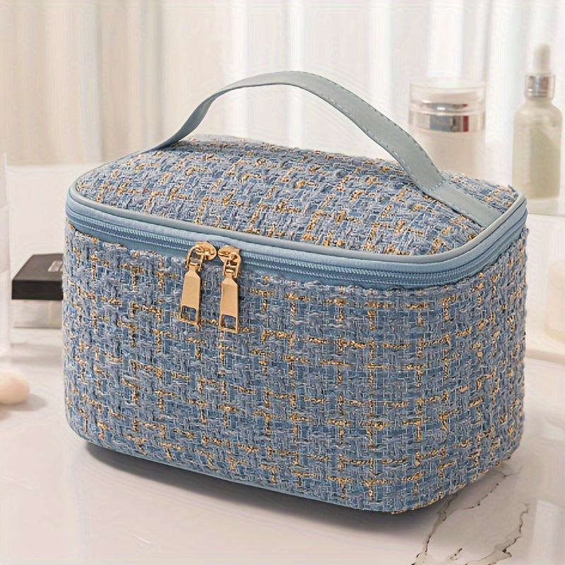 Elegant Plaid Cosmetic Bag - Large Capacity, Multi-Functional Travel Organizer