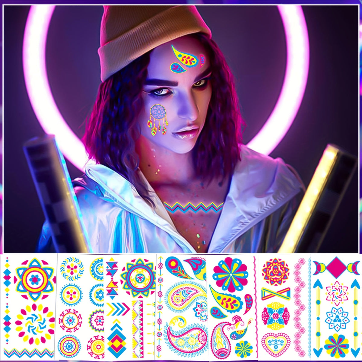 Neon UV Light Temporary Tattoos, Fluorescent Glow in the Dark Stickers - 20-Pack