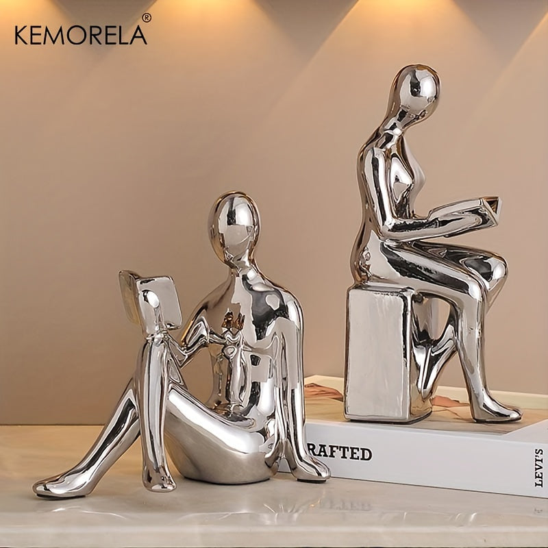 KEMORELA Vintage Ceramic Figurines Set of 2, Luxury Book Reading Statues, Non-Electric Decor for Living Room, Bedroom, Home and Office