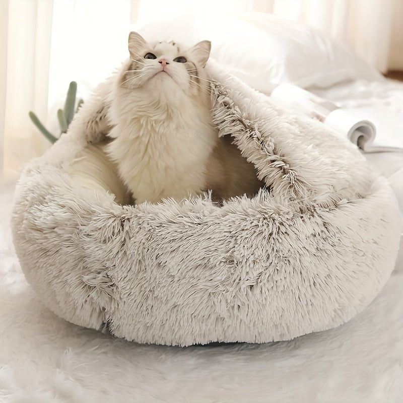 Luxurious Plush Hooded Donut Pet Bed for Cats & Small Dogs