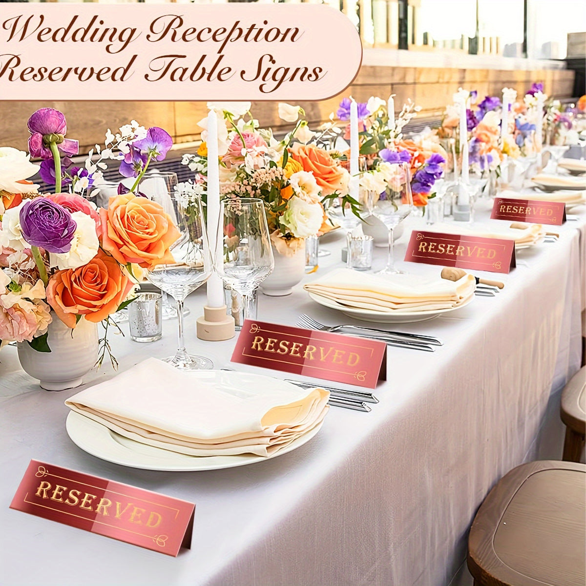 10pcs Elegant Golden Acrylic "Reserved" Table Signs - Waterproof, Double-Sided with Decorative Arrows, Perfect for Weddings, Parties, Restaurants & Meetings