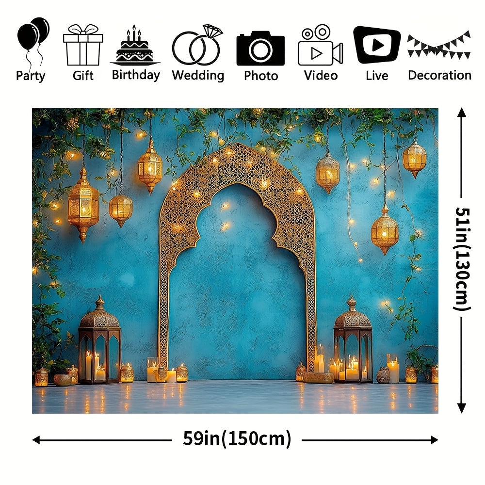 1pc Elegant Blue Moroccan Nights Backdrop - Durable Polyester with Intricate Middle Eastern Design, Ideal for Weddings, Travel & Events - Featuring Lanterns, Candles & Festive Decor