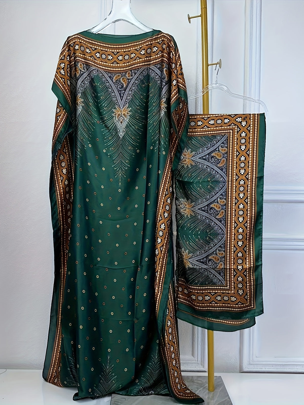 Print Boat Neck Abaya, Elegant Short Batwing Sleeve Loose Dress With Scarf For Spring & Summer, Women'S Clothing