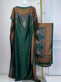 Print Boat Neck Abaya, Elegant Short Batwing Sleeve Loose Dress With Scarf For Spring & Summer, Women'S Clothing