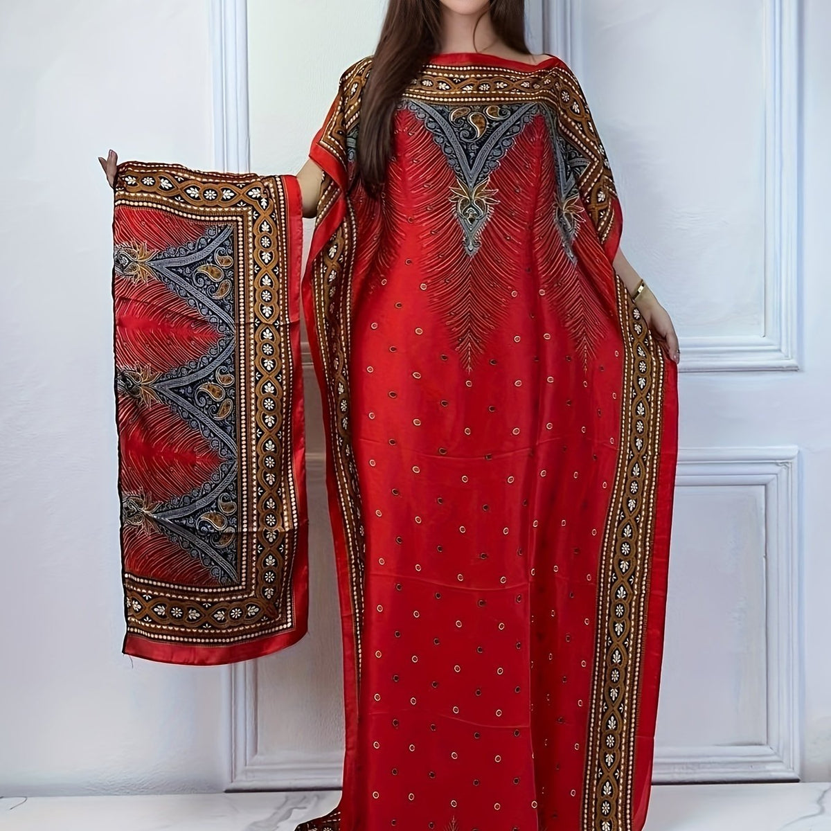 Print Boat Neck Abaya, Elegant Short Batwing Sleeve Loose Dress With Scarf For Spring & Summer, Women'S Clothing
