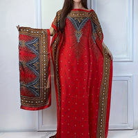 Print Boat Neck Abaya, Elegant Short Batwing Sleeve Loose Dress With Scarf For Spring & Summer, Women'S Clothing