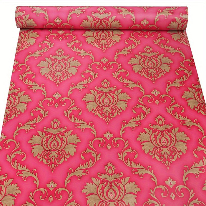 Self-Adhesive Wallpaper, Red Base With Golden Floral Pattern