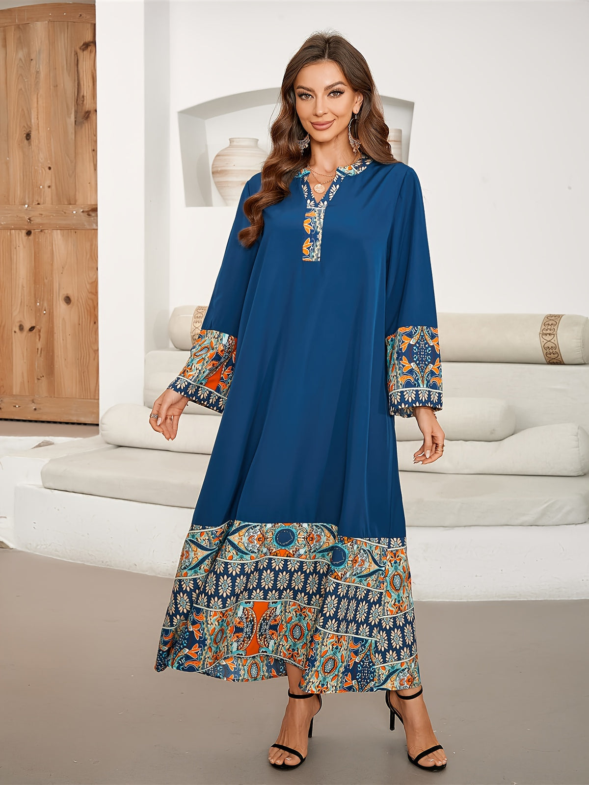 Ramadan Ethnic Print Color Block Kaftan, Elegant Notched Neck Long Sleeve Loose Maxi Length Dress, Women's Clothing