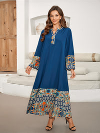 Ramadan Ethnic Print Color Block Kaftan, Elegant Notched Neck Long Sleeve Loose Maxi Length Dress, Women's Clothing