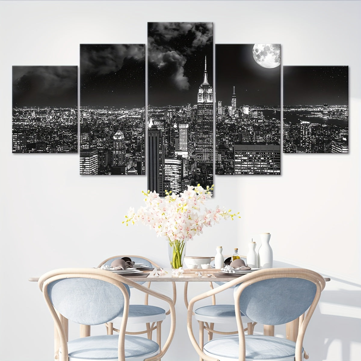 Art Deco Urban Night View Canvas Wall Art Set, Black and White City scape - 5pcs