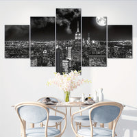 Art Deco Urban Night View Canvas Wall Art Set, Black and White City scape - 5pcs