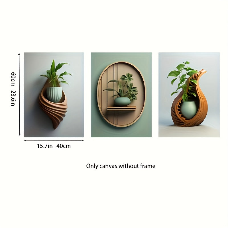 Wood Carving Ceramic Green Plant Potted Flower Canvas